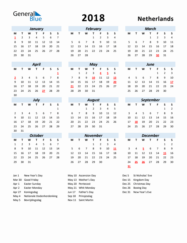 2018 Calendar for The Netherlands with Holidays