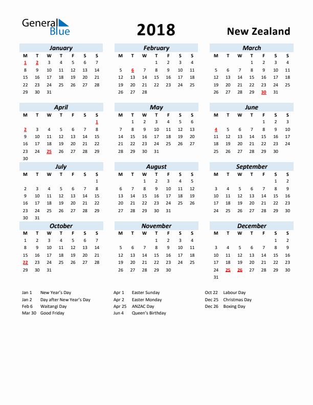 2018 Calendar for New Zealand with Holidays