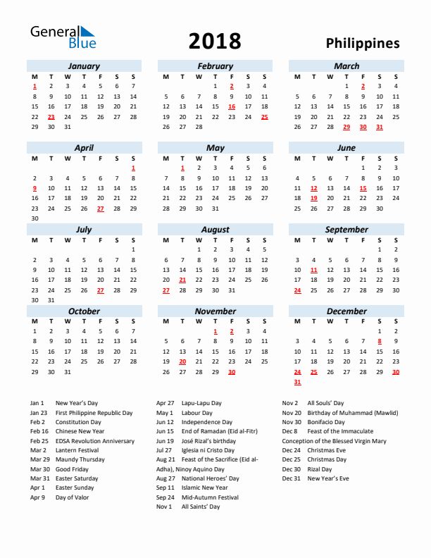 2018 Calendar for Philippines with Holidays