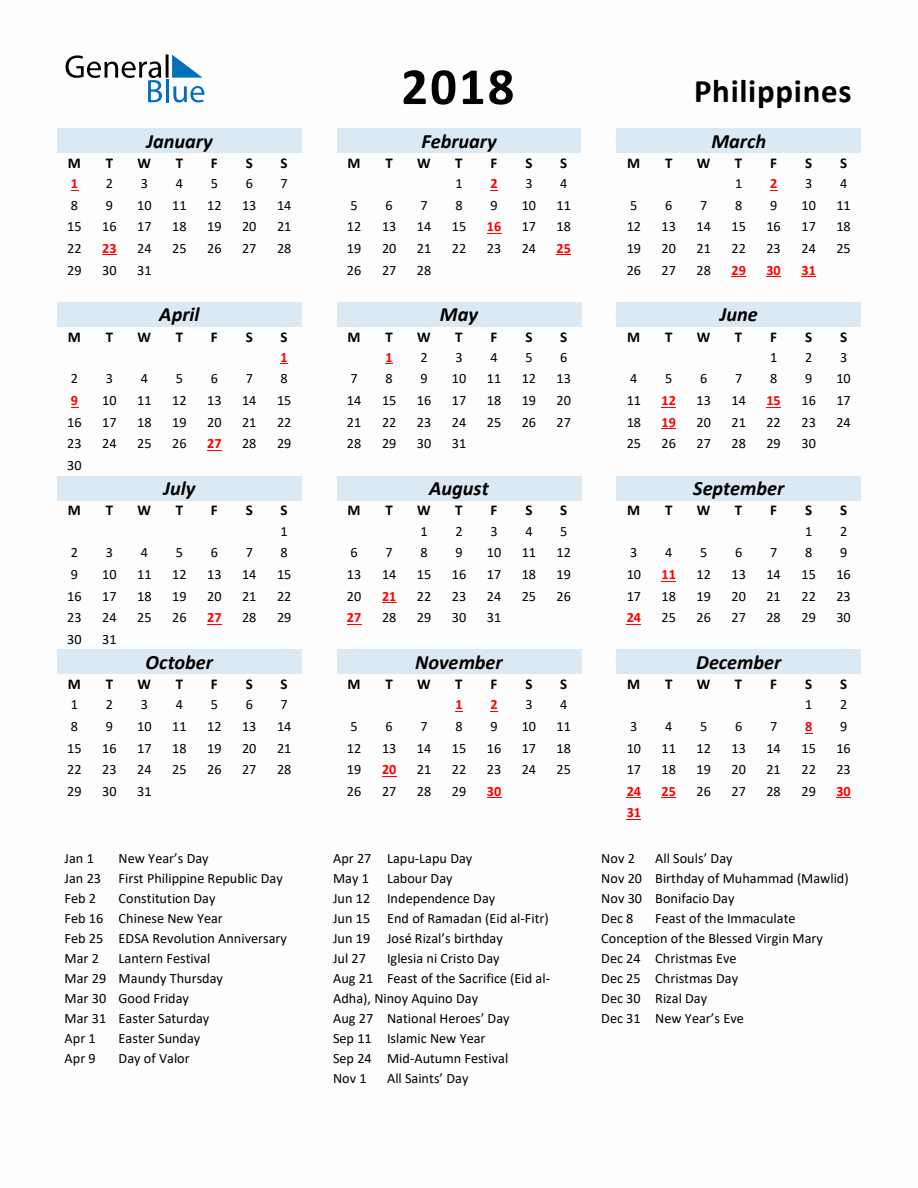 2018 Yearly Calendar For Philippines With Holidays
