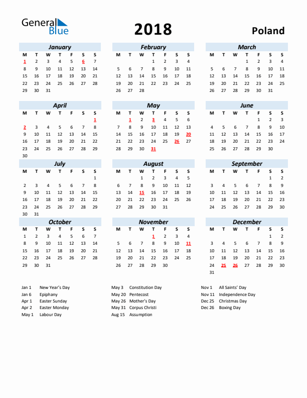 2018 Calendar for Poland with Holidays