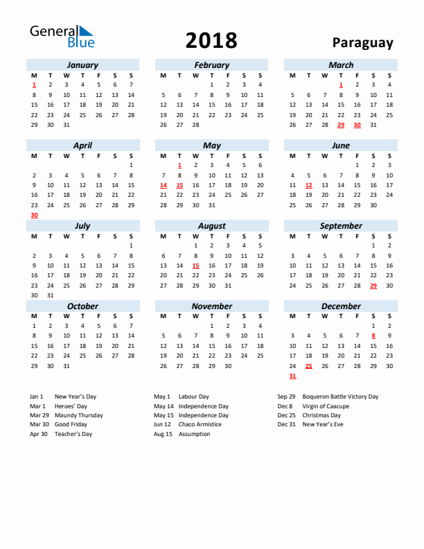 2018 Calendar for Paraguay with Holidays
