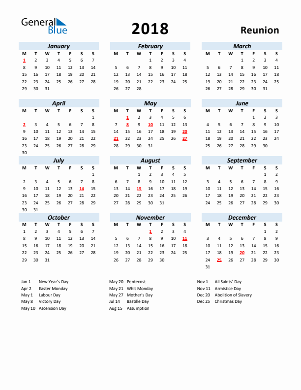 2018 Calendar for Reunion with Holidays