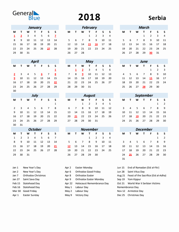 2018 Calendar for Serbia with Holidays