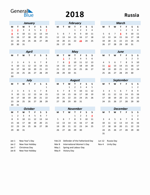 2018 Calendar for Russia with Holidays