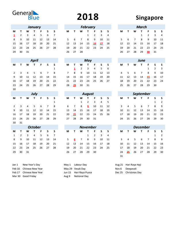2018 Calendar for Singapore with Holidays