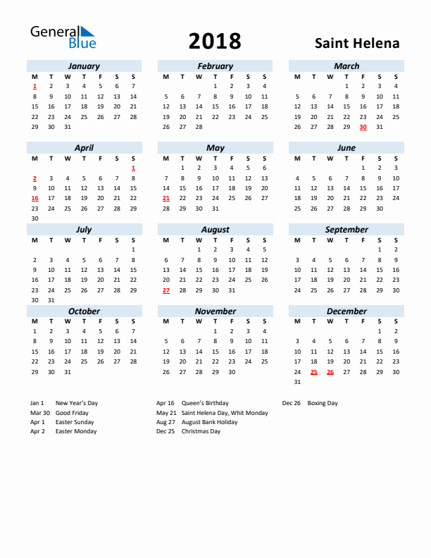2018 Calendar for Saint Helena with Holidays