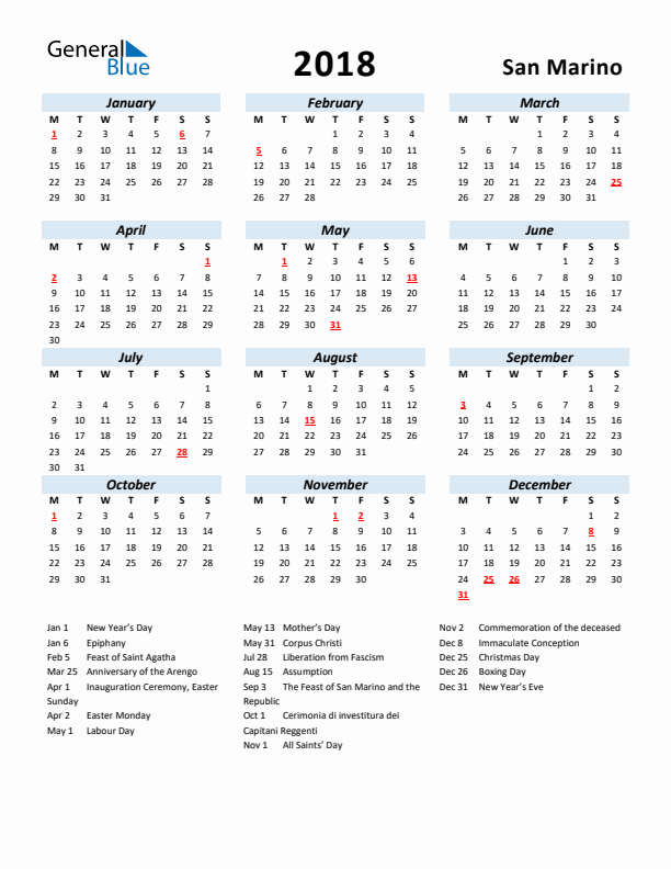 2018 Calendar for San Marino with Holidays