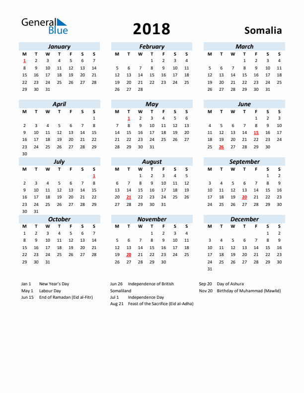 2018 Calendar for Somalia with Holidays