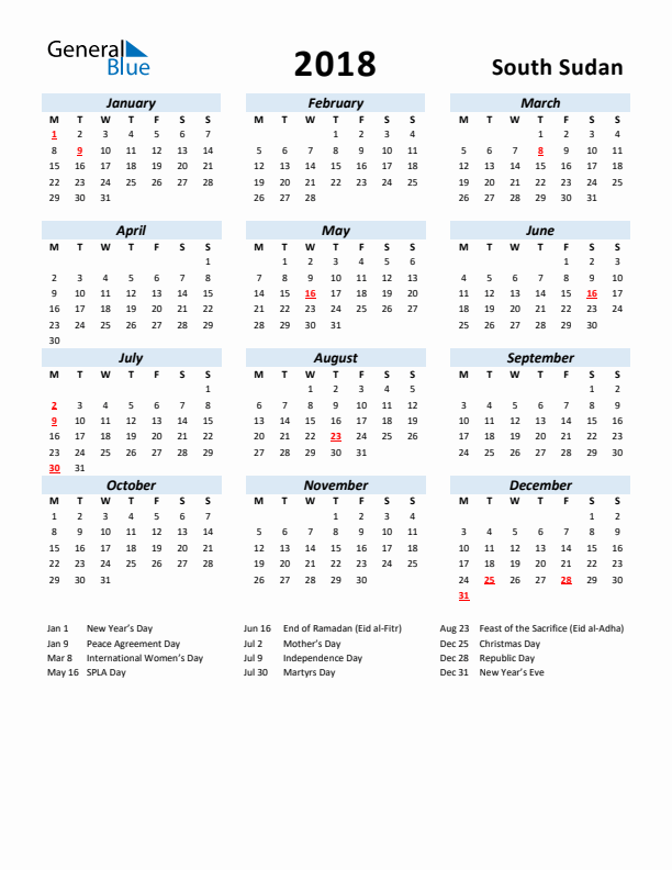 2018 Calendar for South Sudan with Holidays
