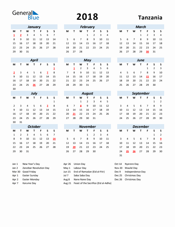 2018 Calendar for Tanzania with Holidays