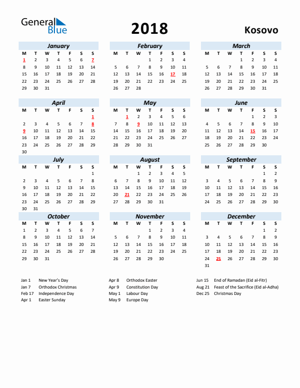 2018 Calendar for Kosovo with Holidays