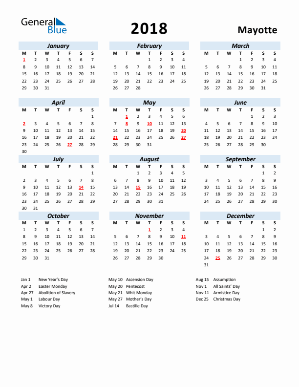 2018 Calendar for Mayotte with Holidays