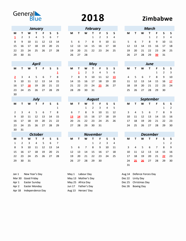 2018 Calendar for Zimbabwe with Holidays