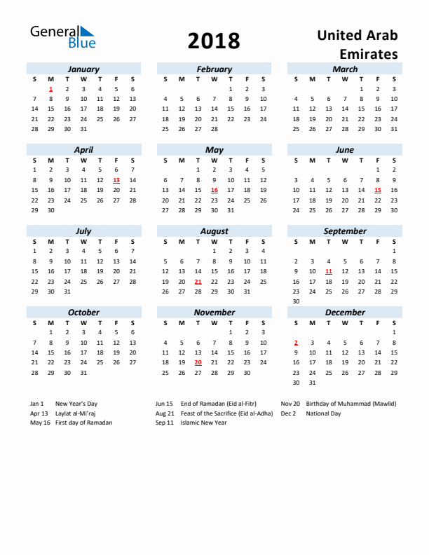 2018 Calendar for United Arab Emirates with Holidays
