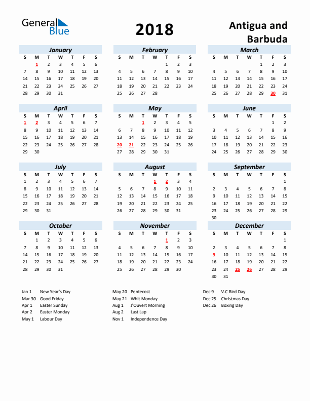 2018 Calendar for Antigua and Barbuda with Holidays