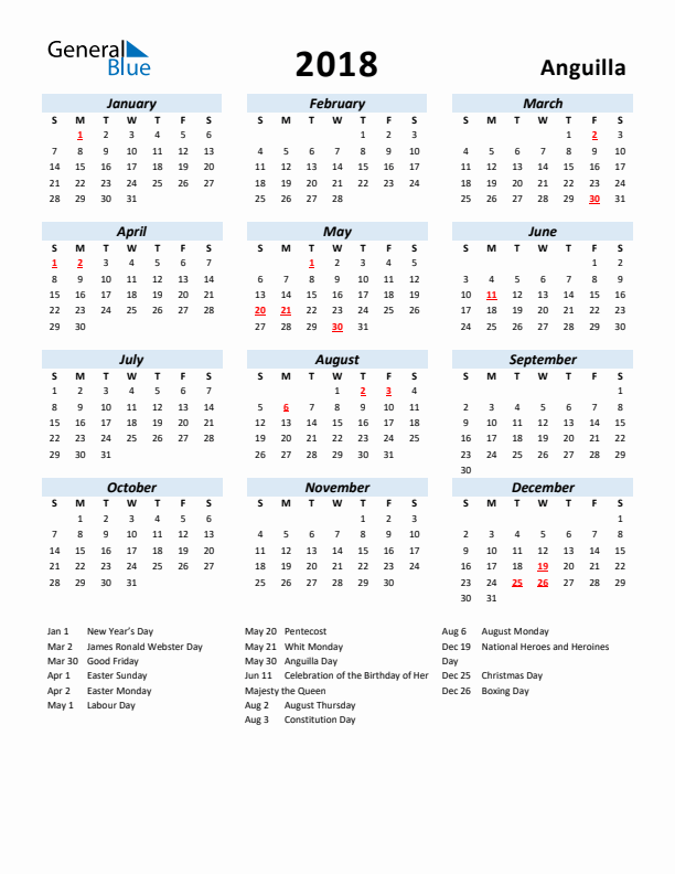 2018 Calendar for Anguilla with Holidays