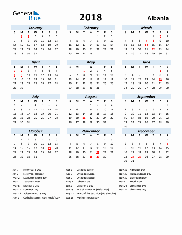 2018 Calendar for Albania with Holidays