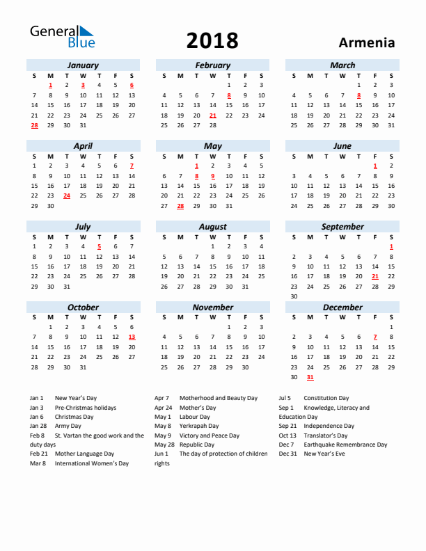 2018 Calendar for Armenia with Holidays