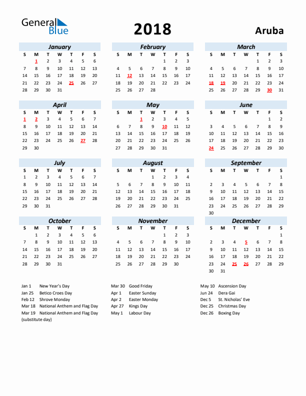 2018 Calendar for Aruba with Holidays