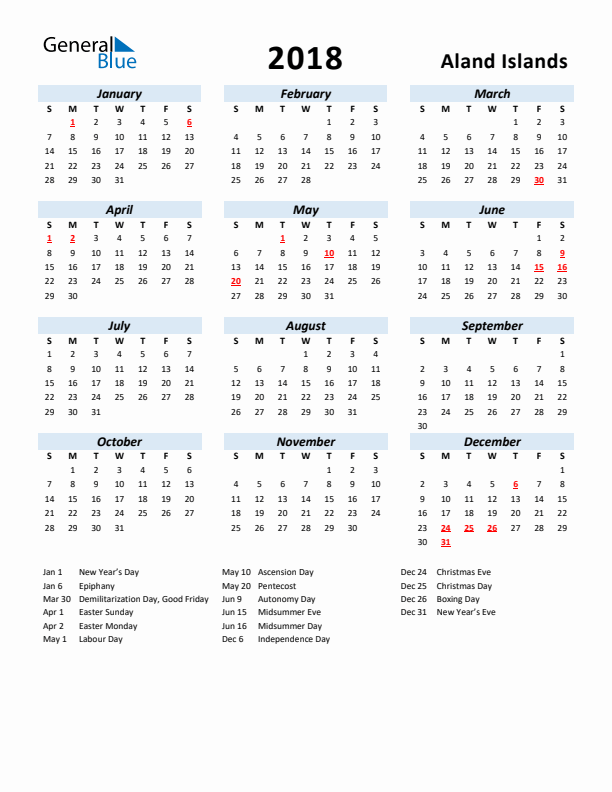 2018 Calendar for Aland Islands with Holidays