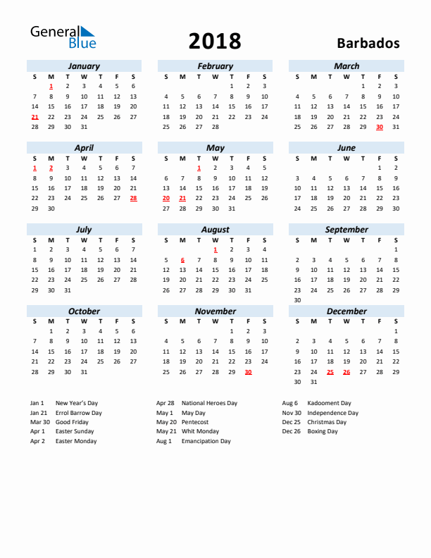 2018 Calendar for Barbados with Holidays