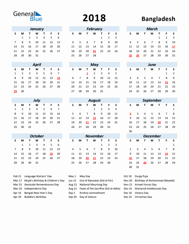 2018 Calendar for Bangladesh with Holidays