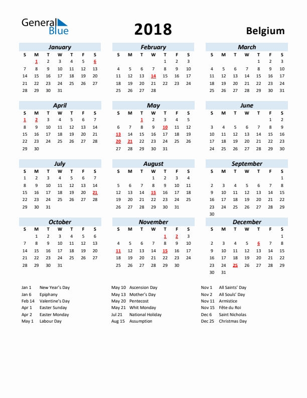 2018 Calendar for Belgium with Holidays