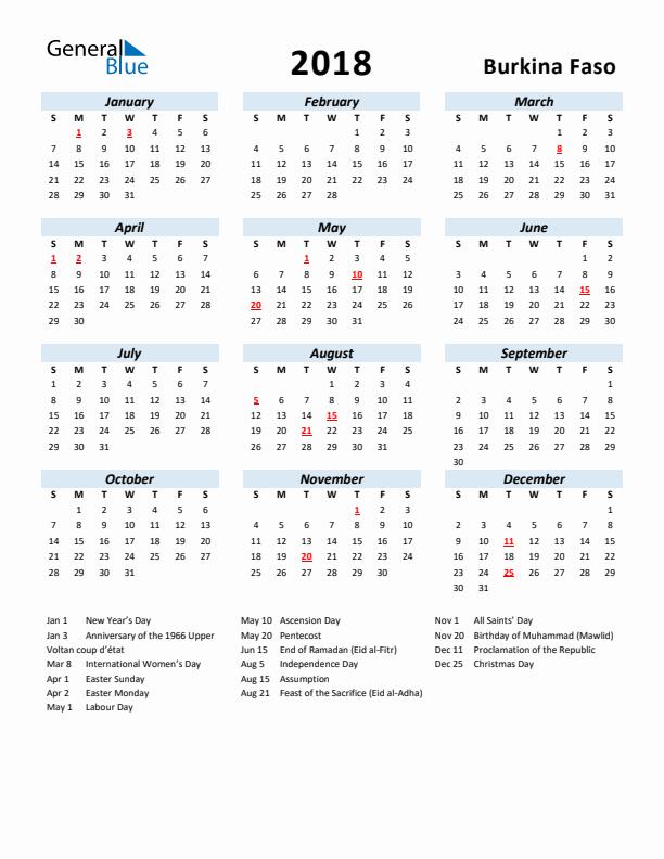 2018 Calendar for Burkina Faso with Holidays