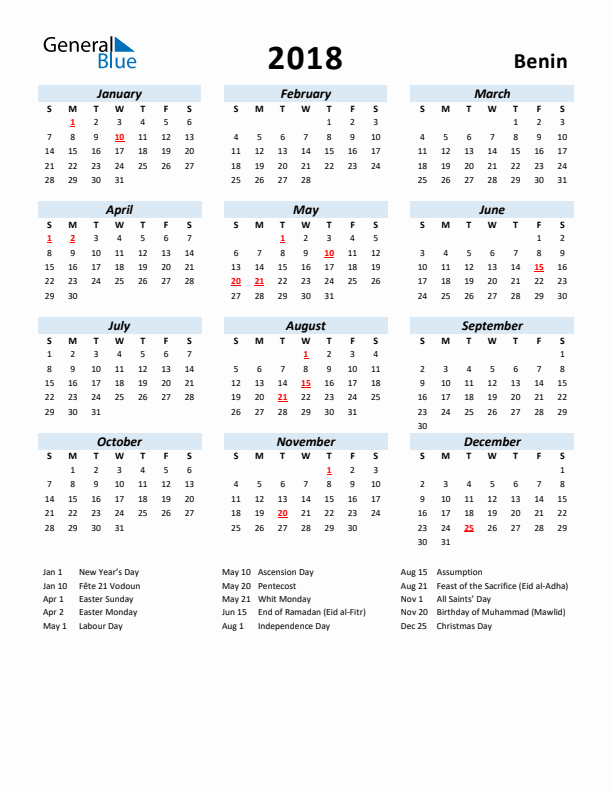 2018 Calendar for Benin with Holidays