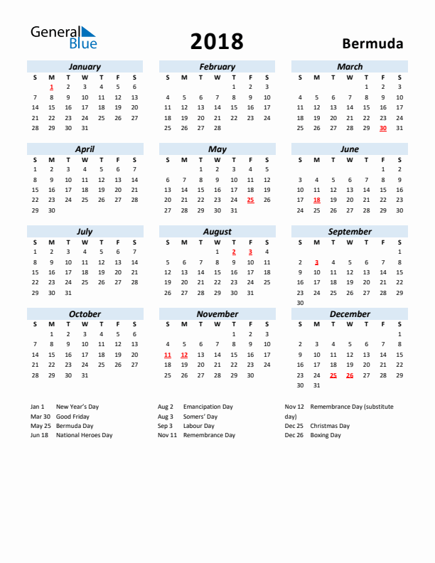 2018 Calendar for Bermuda with Holidays