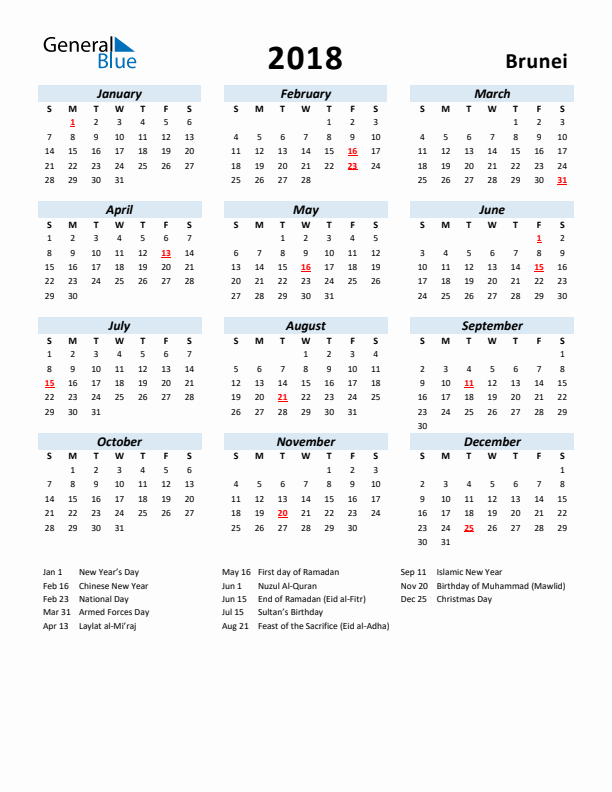 2018 Calendar for Brunei with Holidays