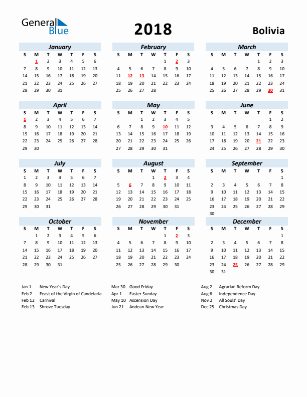 2018 Calendar for Bolivia with Holidays