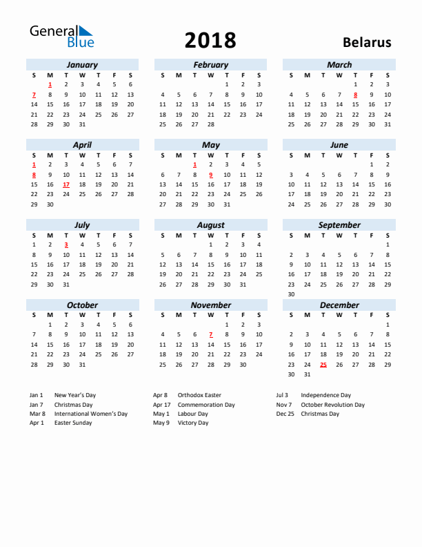 2018 Calendar for Belarus with Holidays