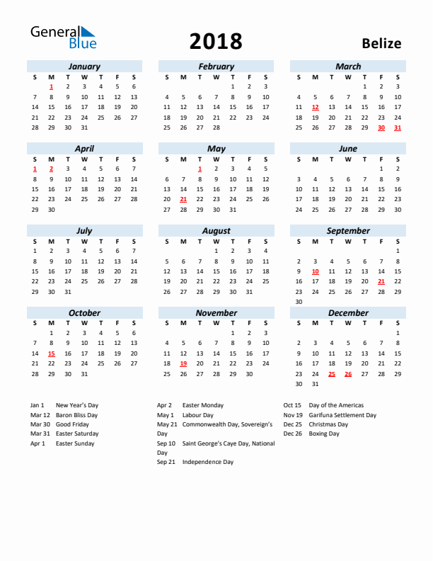 2018 Calendar for Belize with Holidays