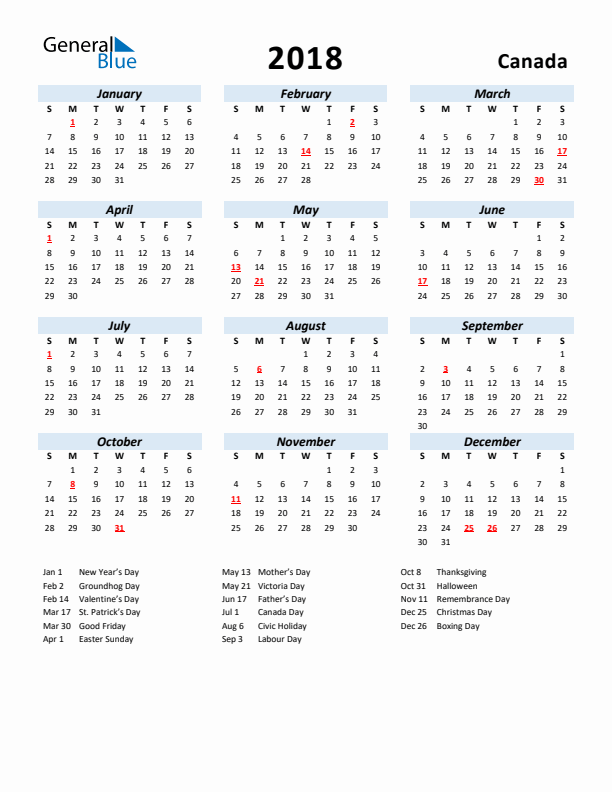 2018 Calendar for Canada with Holidays