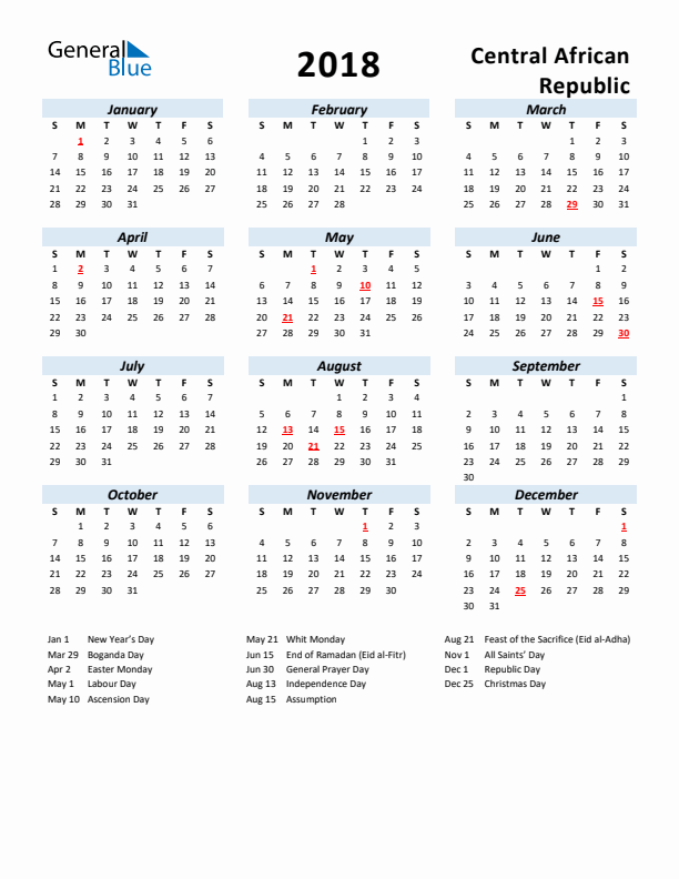 2018 Calendar for Central African Republic with Holidays