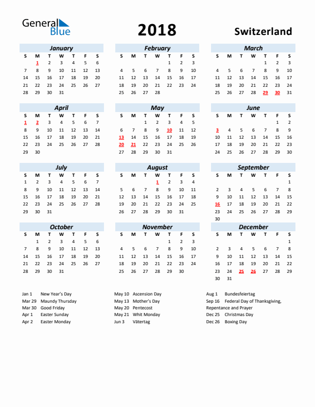 2018 Calendar for Switzerland with Holidays