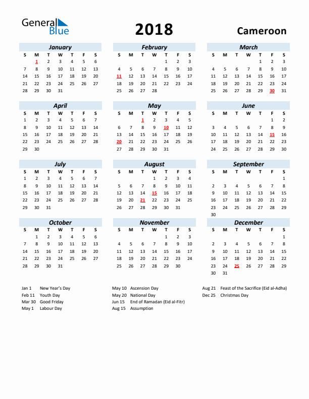 2018 Calendar for Cameroon with Holidays