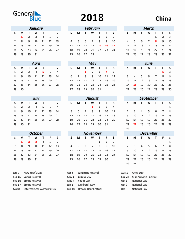 2018 Calendar for China with Holidays