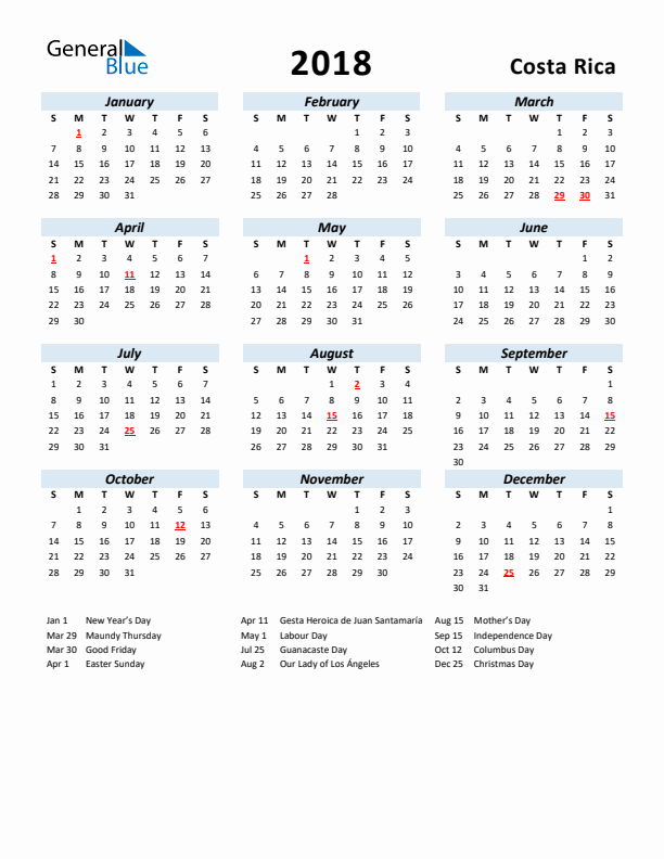 2018 Calendar for Costa Rica with Holidays
