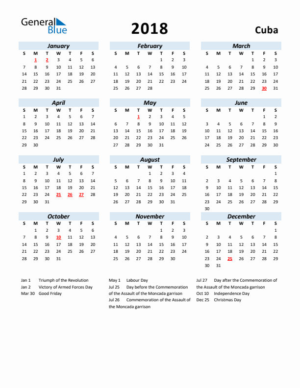 2018 Calendar for Cuba with Holidays