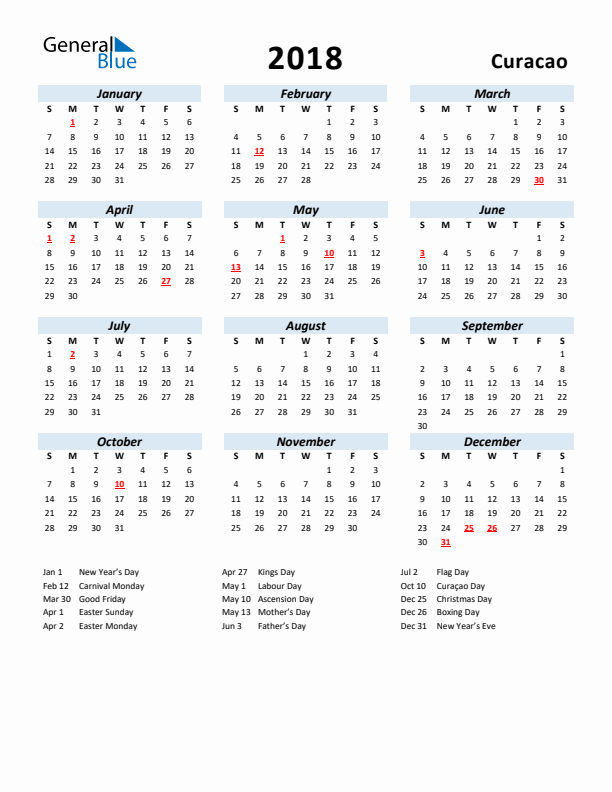 2018 Calendar for Curacao with Holidays