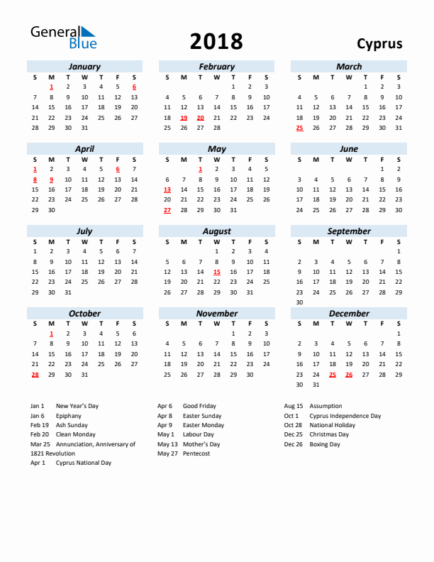 2018 Calendar for Cyprus with Holidays