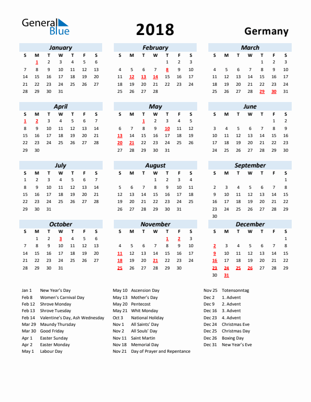 2018 Calendar for Germany with Holidays