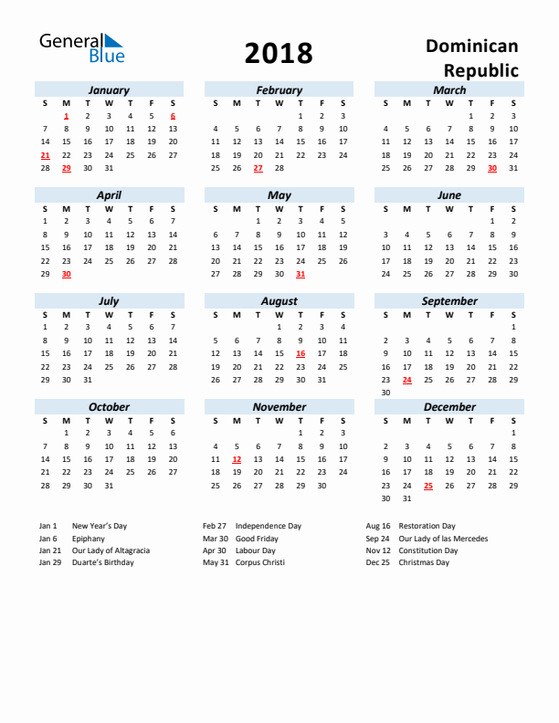 2018 Calendar for Dominican Republic with Holidays