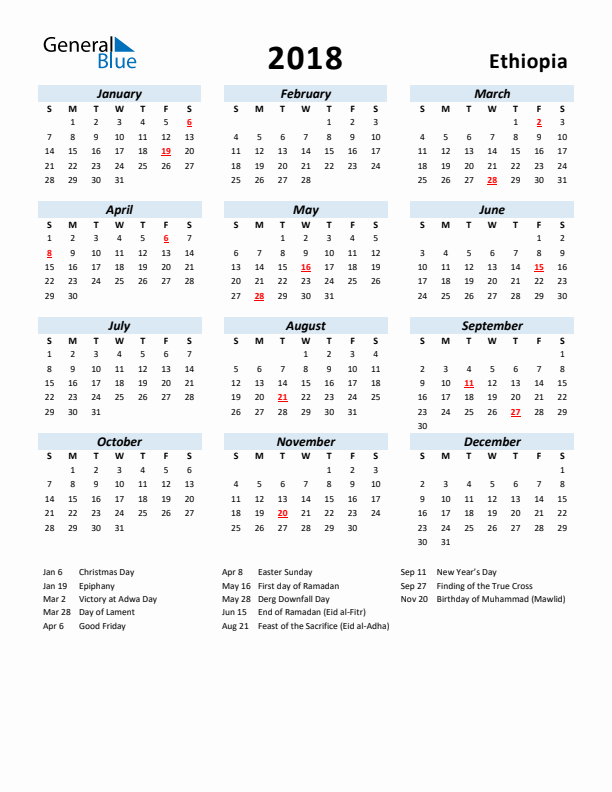 2018 Calendar for Ethiopia with Holidays