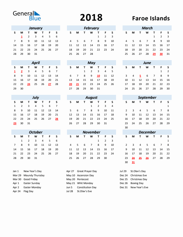 2018 Calendar for Faroe Islands with Holidays