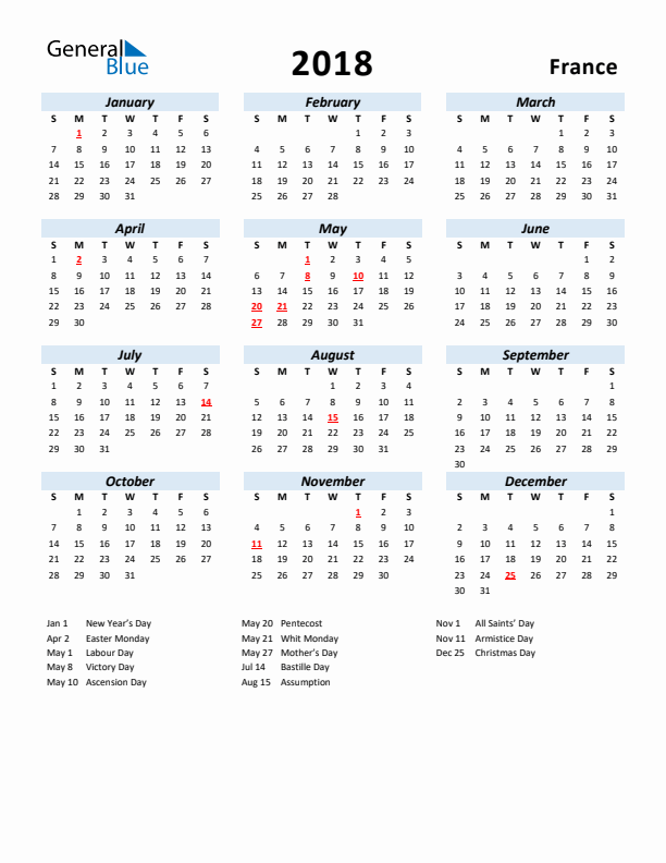 2018 Calendar for France with Holidays