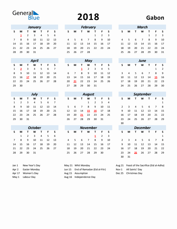 2018 Calendar for Gabon with Holidays